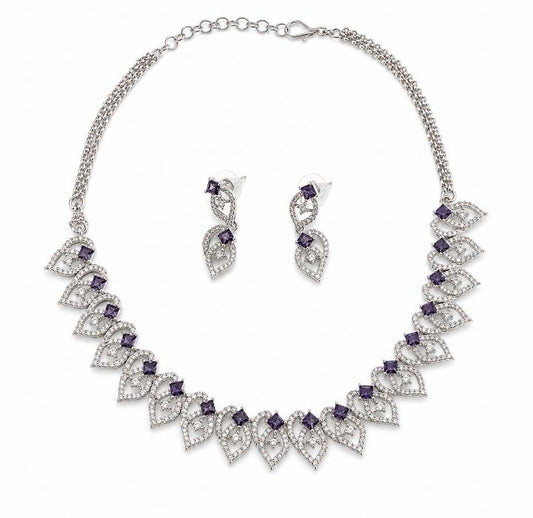 Rhodium Plated Leaf Motif AAA American Diamond Necklace Set in Brass – Colour Stone CZ Jewellery for Women