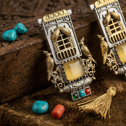 Dual Tone Gold Silver Statement Stud Earrings with Glass Stones