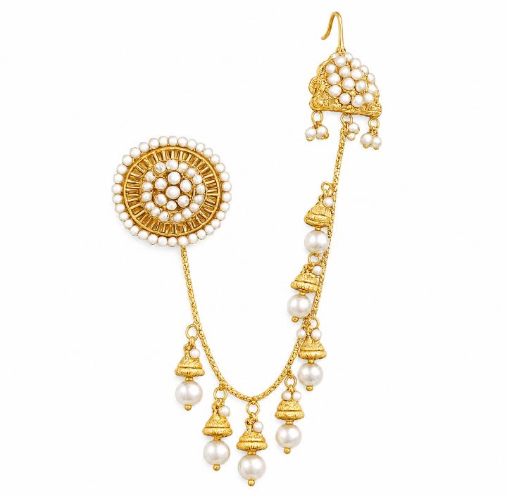 Zoya Oversized Kundan Pearl Stud Earrings with Kaan Chain