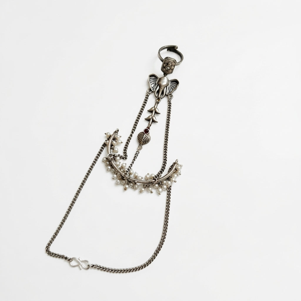Oxidised Silver Replica Hathphool Hand Harness – Brass, Pearls & Motifs