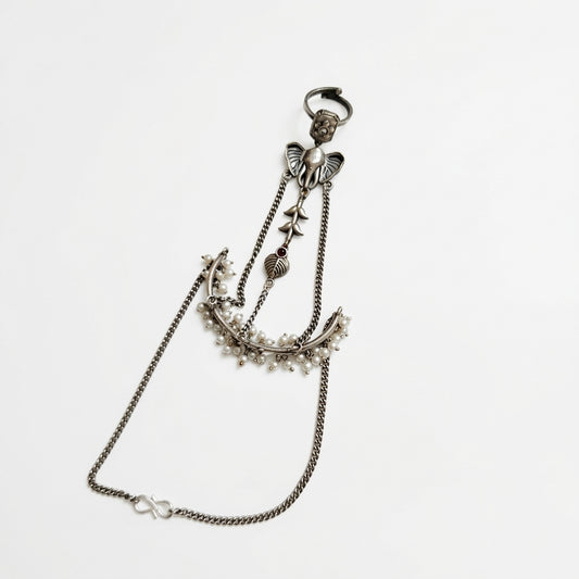 Oxidised Silver Replica Hathphool Hand Harness – Brass, Pearls & Motifs