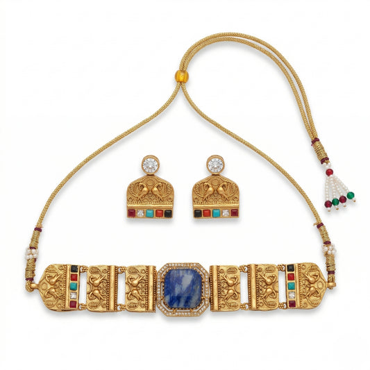 Gold Plated Brass Choker Necklace Set with Natural Russian Stone & Multicolour Semi-Precious Stones | Mughal-Inspired Heritage Jewellery Set for Women