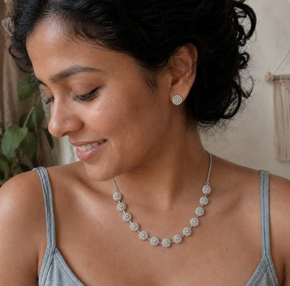 Rhodium Plated AAA American Diamond Floral Necklace Set in Brass – Elegant CZ Jewellery for Women