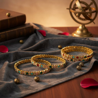 Gold Plated Alloy Bangle Set of 4 with Multicolour Square Stones & Seed Pearls | Navratna-Inspired Traditional Indian Bangles for Women