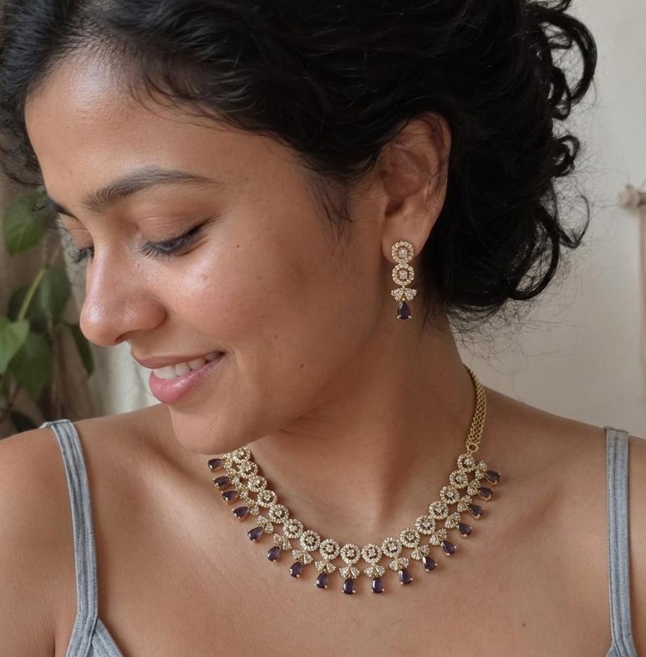 Bouti Patta AAA American Diamond Necklace & Earrings Set | Brass | Floral Choker Collar | Bridal & Party Jewellery
