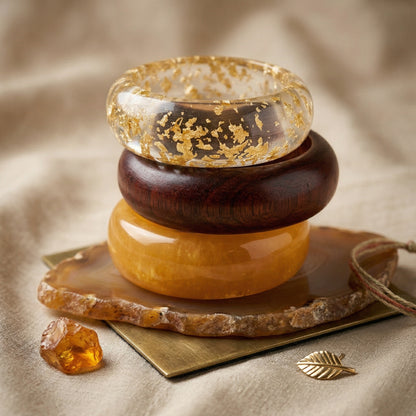 Gold Glitter Resin, Sheesham Wood & Yellow Marble Resin Bangle Stack | Earthy Boho-Luxe Mixed-Material Bracelet Set of 3 for Women