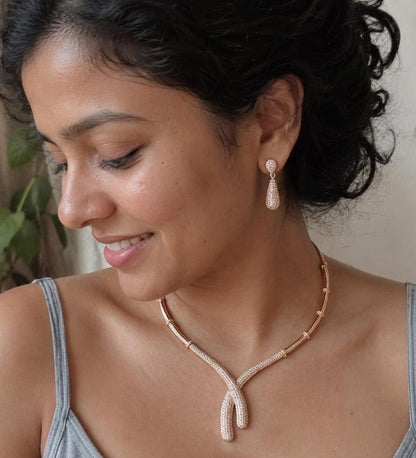 Rose Gold AAA American Diamond Lariat Y-Drop Necklace & Earrings Set | Brass Rose Gold Plated | Minimalist Bridal Jewellery