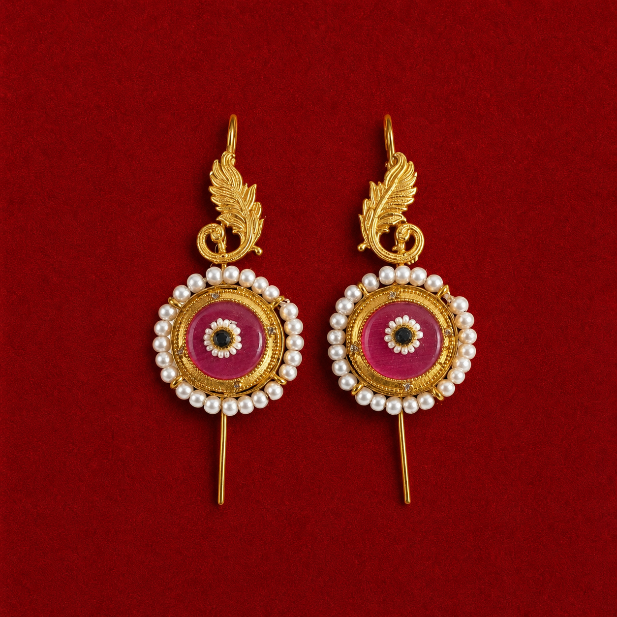Gold Plated Needle Earcuff with Glass Stone & Pearl Detailing – Statement Brass Ear Cuff for Women