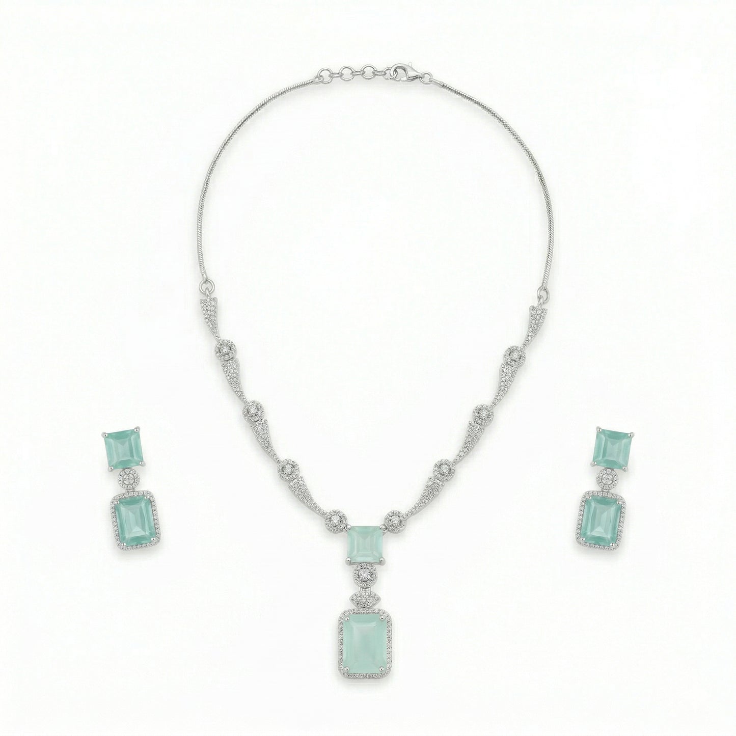Regal Geometry American Diamond Necklace Set (Rhodium Plated)