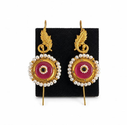 Gold Plated Needle Earcuff with Glass Stone & Pearl Detailing – Statement Brass Ear Cuff for Women