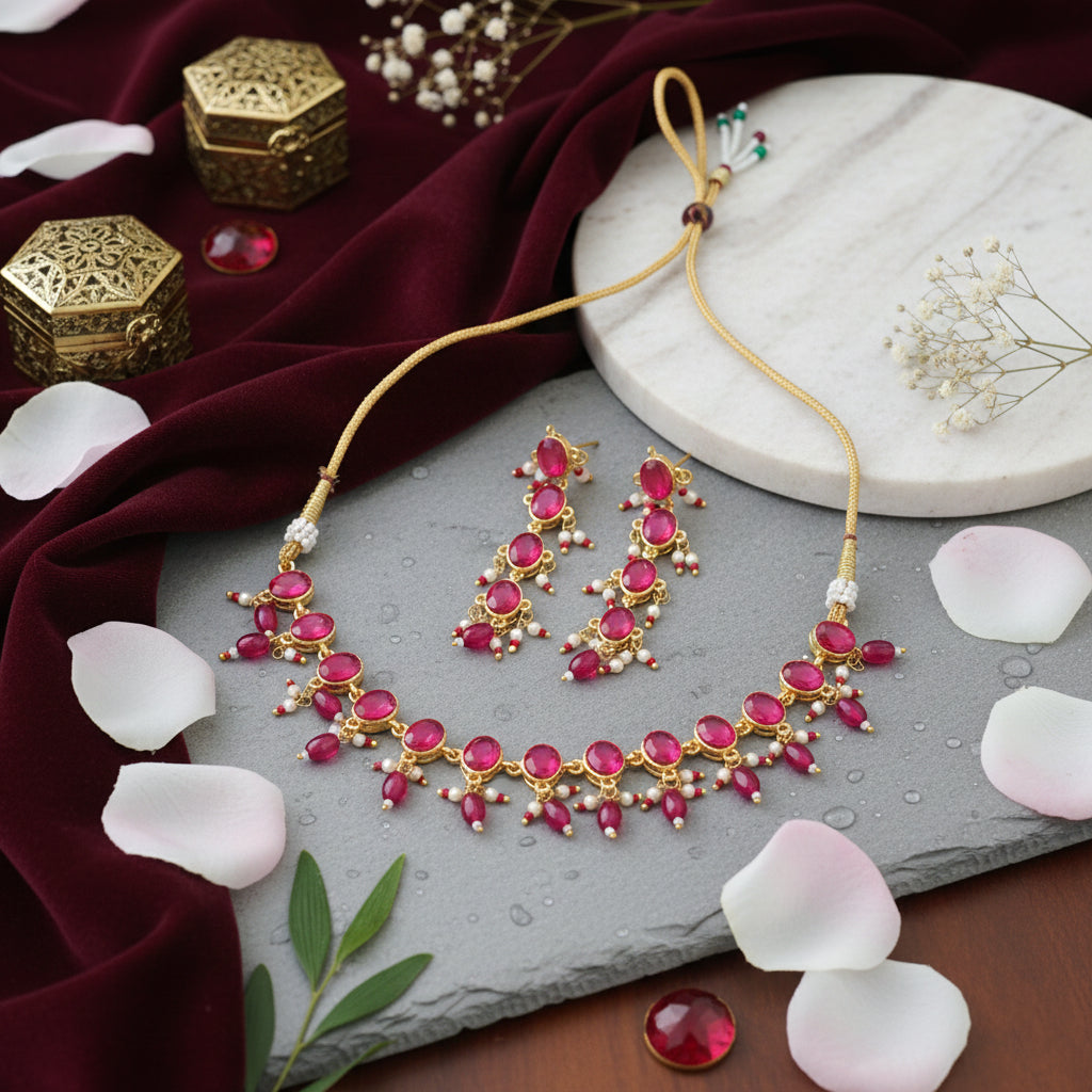 Ruby Cascade Pearl Necklace Set