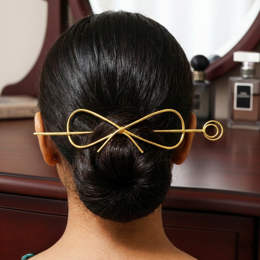 Gold Plated Brass Bow Hair Stick Pin | Minimalist Wire Bow Bun Holder Juda Pin for Women — Everyday & Bridal Hair Accessory