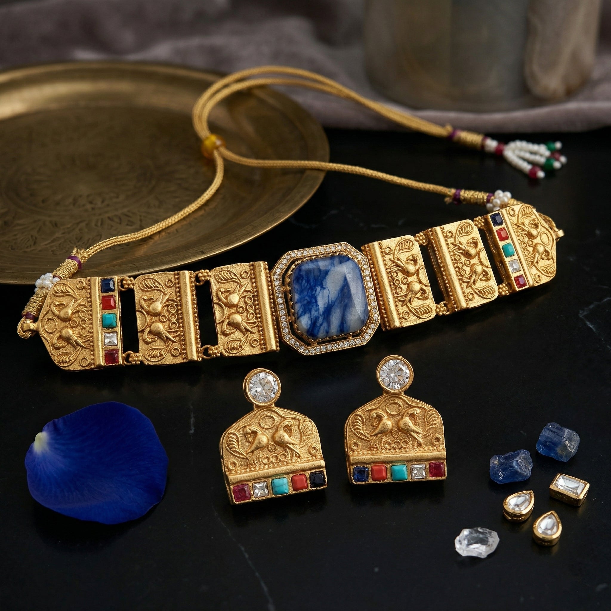 Gold Plated Brass Choker Necklace Set with Natural Russian Stone & Multicolour Semi-Precious Stones | Mughal-Inspired Heritage Jewellery Set for Women