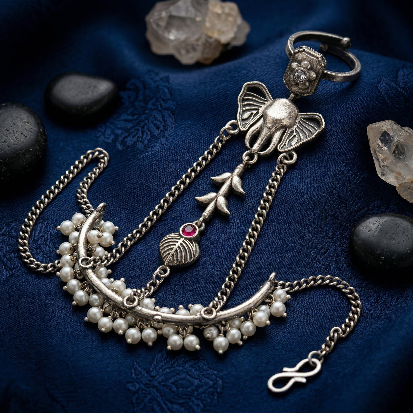 Oxidised Silver Replica Hathphool Hand Harness – Brass, Pearls & Motifs
