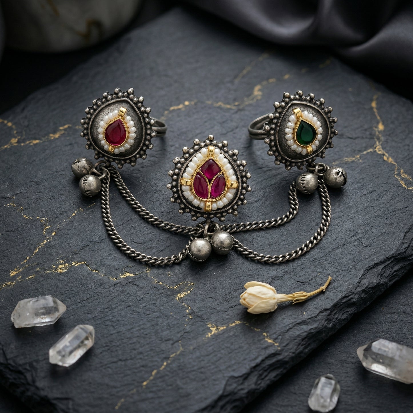 Oxidised Silver Three Finger Ring with Chains & Color Stones – Brass