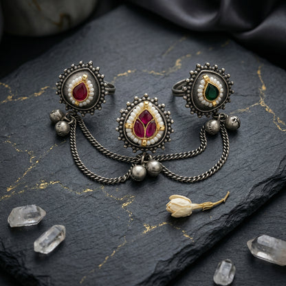 Oxidised Silver Three Finger Ring with Chains & Color Stones – Brass