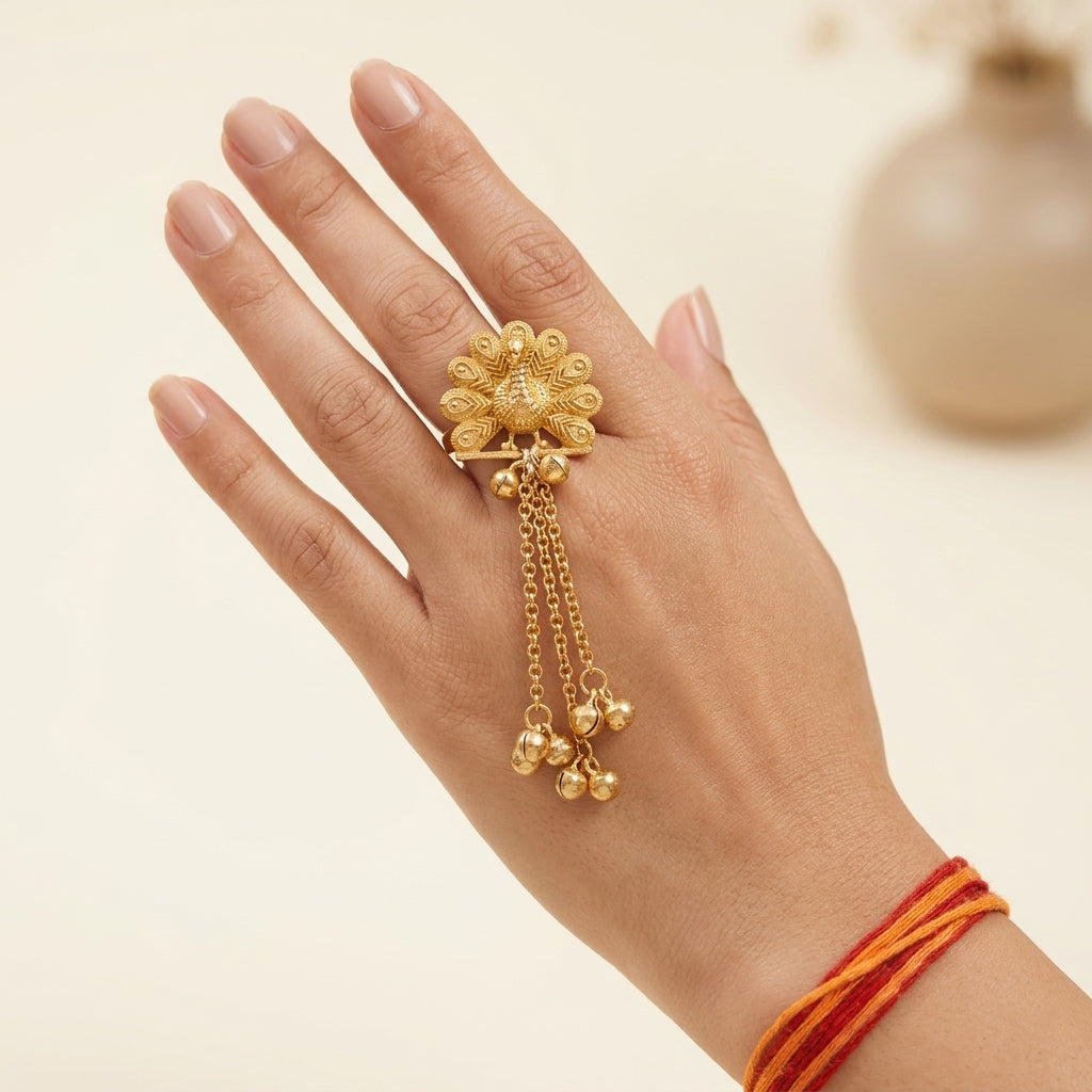 Gold Plated Brass Peacock Ring with Dangling Ghungroo Chains | Traditional Indian Statement Ring for Women