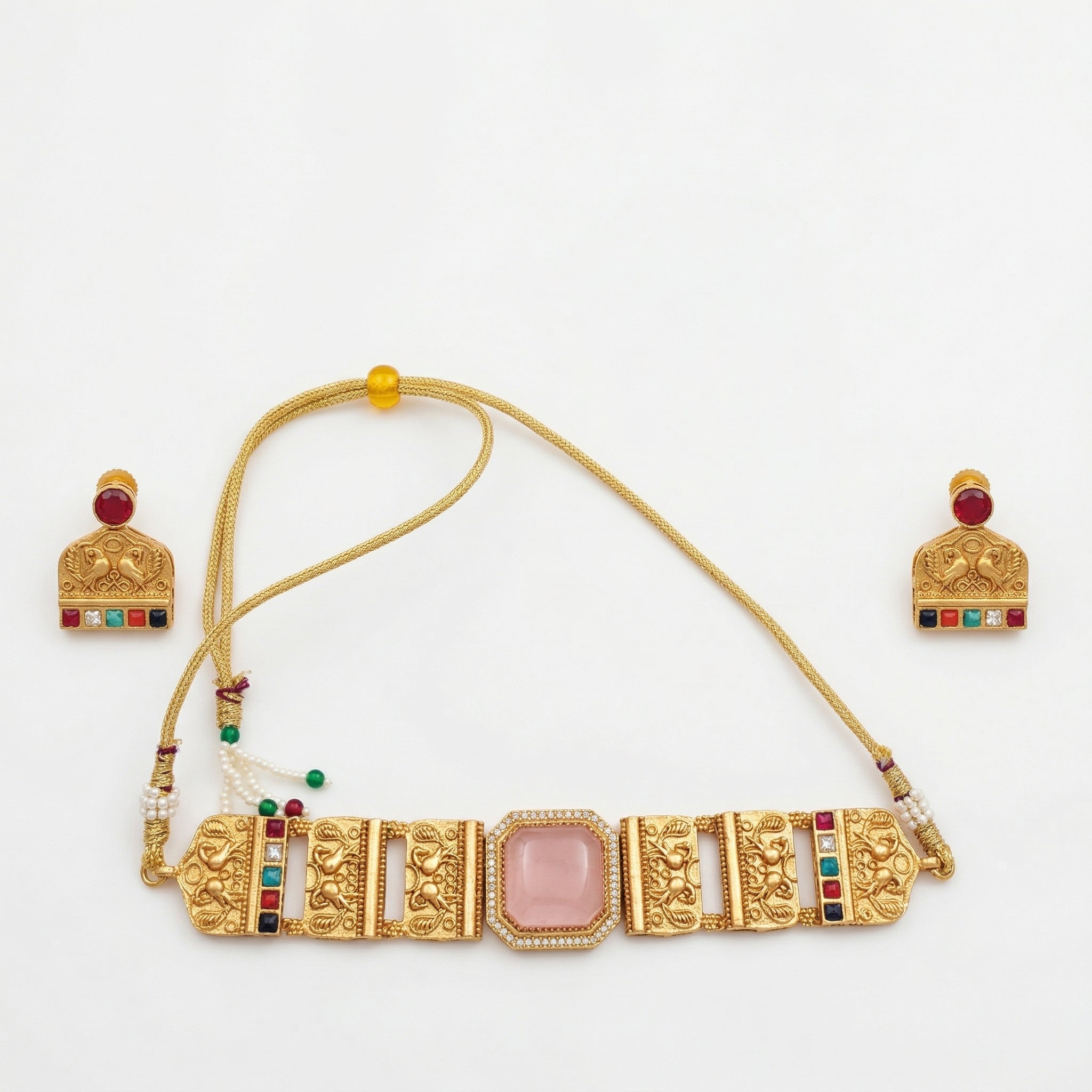 Gold Plated Brass Choker Necklace Set with Natural Russian Stone & Multicolour Semi-Precious Stones | Mughal-Inspired Heritage Jewellery Set for Women