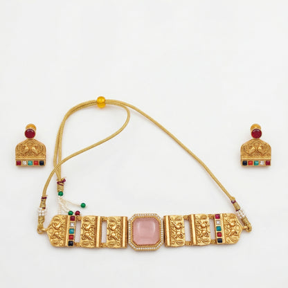 Gold Plated Brass Choker Necklace Set with Natural Russian Stone & Multicolour Semi-Precious Stones | Mughal-Inspired Heritage Jewellery Set for Women