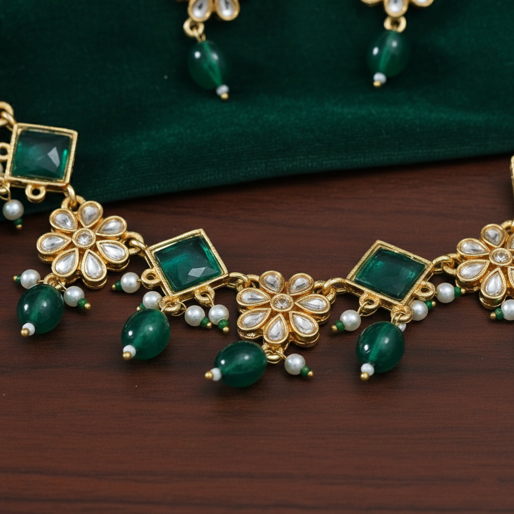 Emerald Blossom Kundan Necklace Set