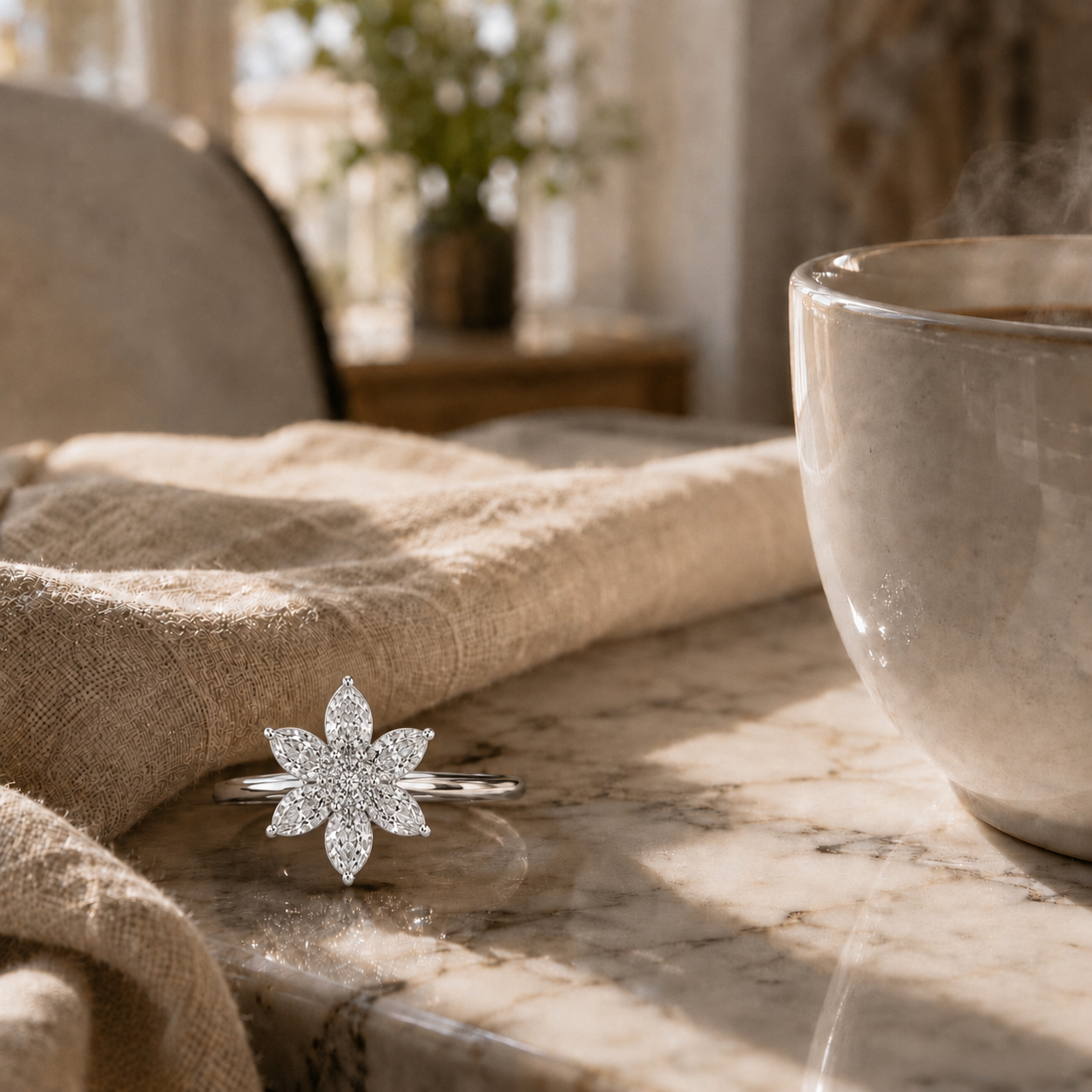 Floral AAA American Diamond Brass Statement Ring| Daisy Flower Cocktail Ring for Women