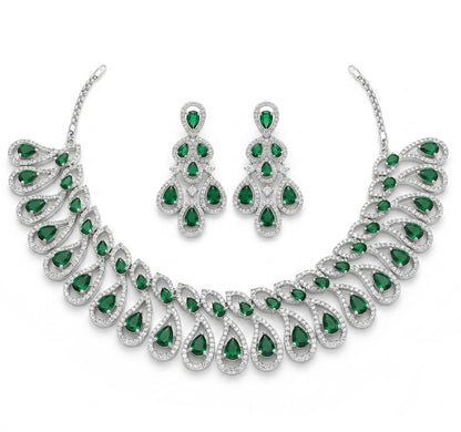 Green AAA American Diamond Statement Necklace & Earrings Set | Brass Rhodium Plated | Feather Swirl Collar | Bridal Wedding Jewellery