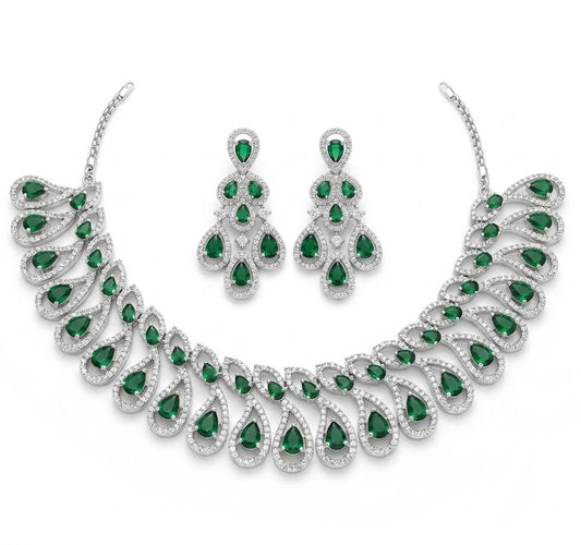 Green AAA American Diamond Statement Necklace & Earrings Set | Brass Rhodium Plated | Feather Swirl Collar | Bridal Wedding Jewellery