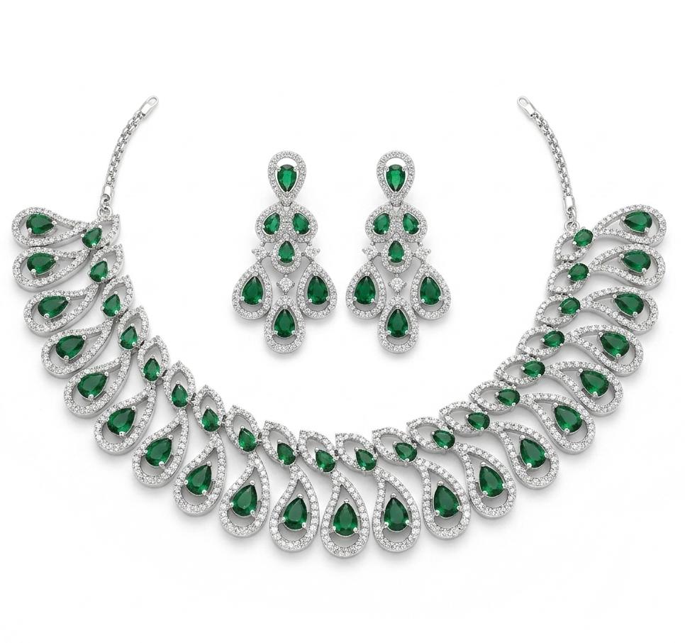 Green AAA American Diamond Statement Necklace & Earrings Set | Brass Rhodium Plated | Feather Swirl Collar | Bridal Wedding Jewellery