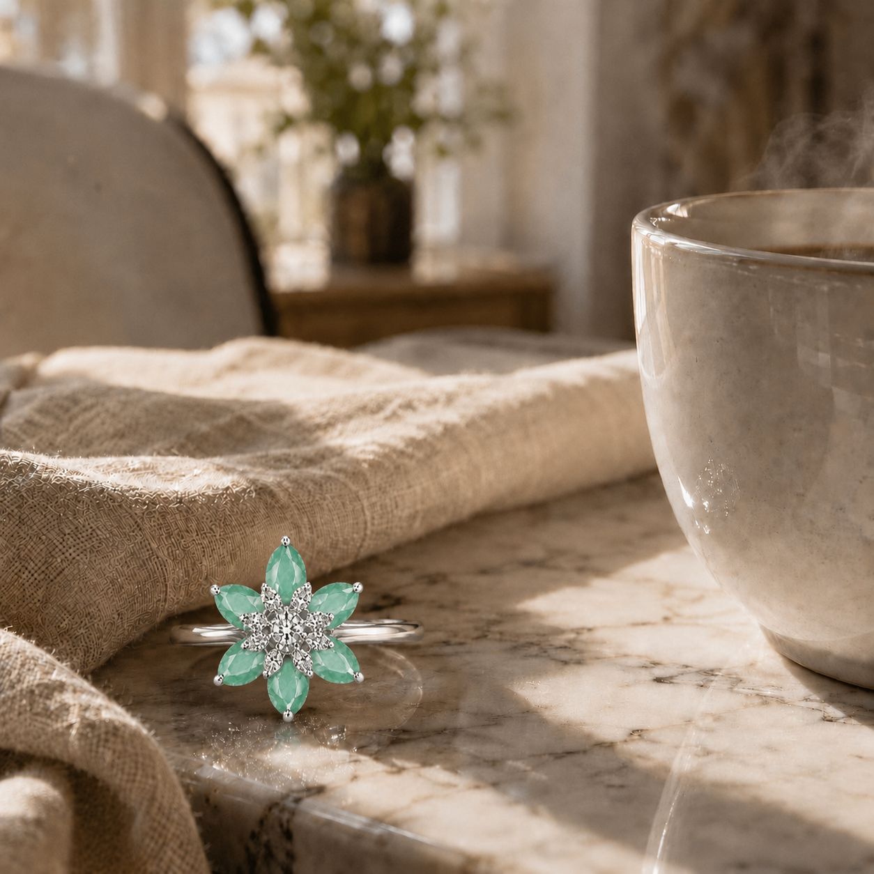 Floral AAA American Diamond Brass Statement Ring| Daisy Flower Cocktail Ring for Women