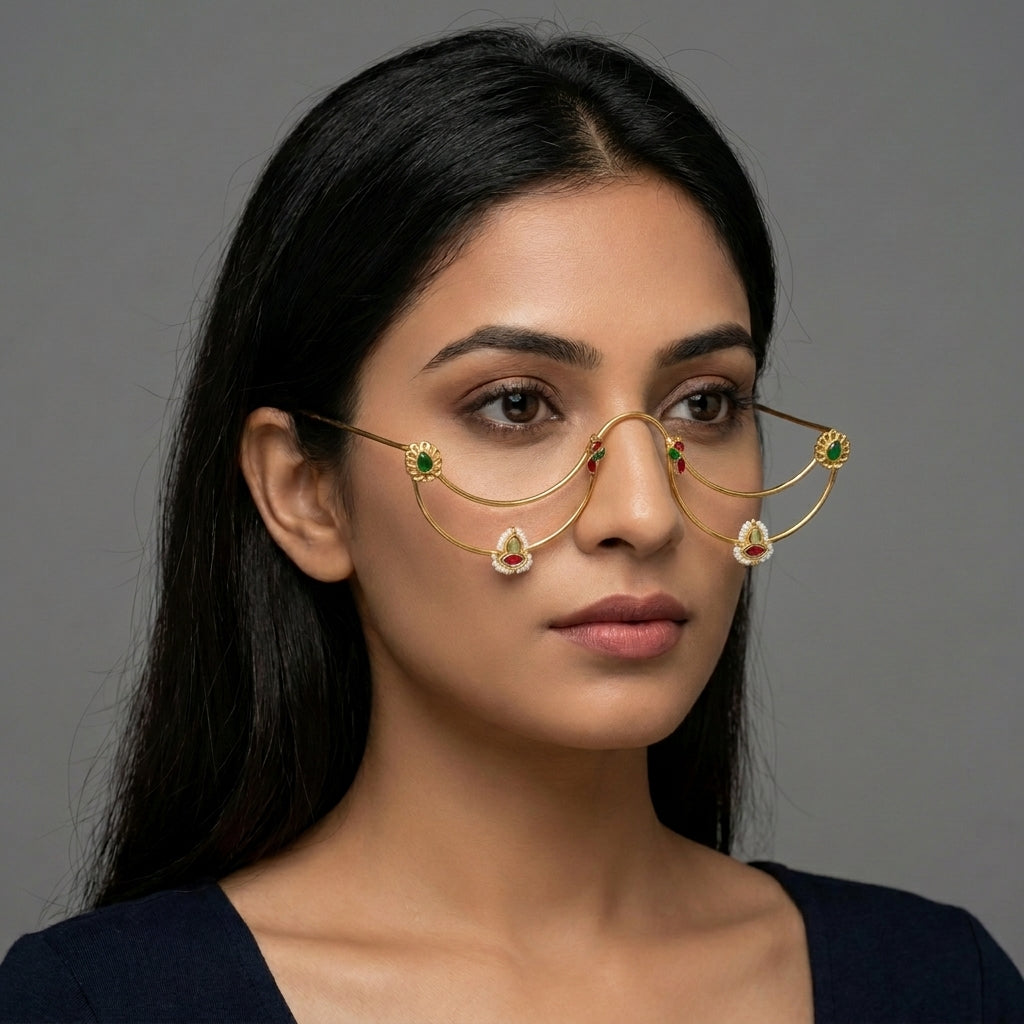 "Noorani" Kundan Meenakari Nose-Bridge Facelet with Pearl Drops