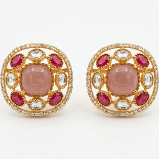 Gold Plated Russian Stud Earrings – Brass Cushion Studs for Everyday Glam