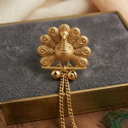 Gold Plated Brass Peacock Ring with Dangling Ghungroo Chains | Traditional Indian Statement Ring for Women