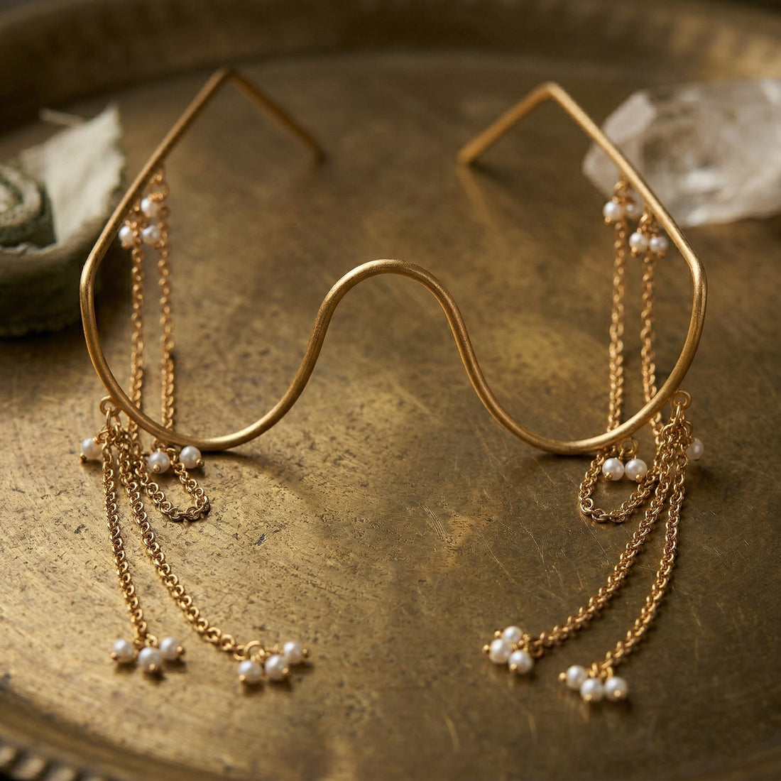 Minimalist Pearl Chain Facelet | Gold Plated Brass Nose Bridge Face Jewellery | Avant-Garde Statement Accessory