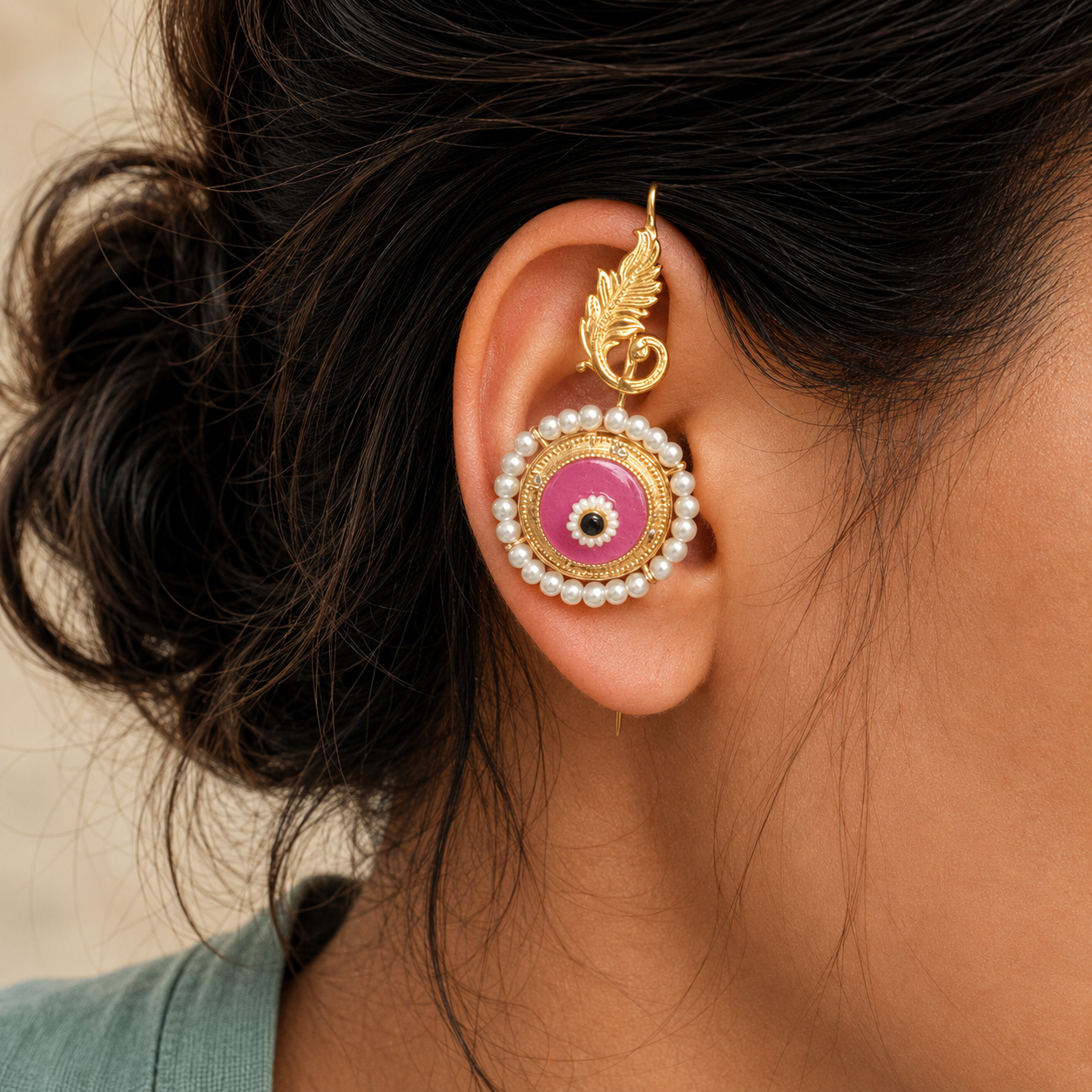 Gold Plated Needle Earcuff with Glass Stone & Pearl Detailing – Statement Brass Ear Cuff for Women