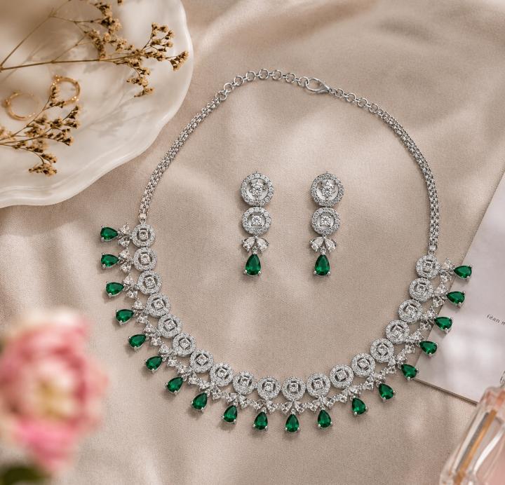 Bouti Patta AAA American Diamond Necklace & Earrings Set | Brass | Floral Choker Collar | Bridal & Party Jewellery