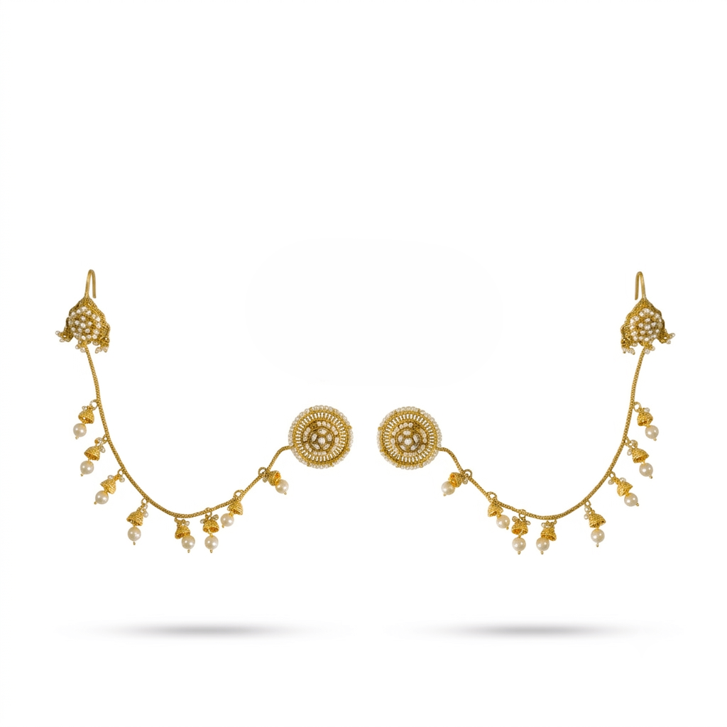 Zoya Oversized Kundan Pearl Stud Earrings with Kaan Chain