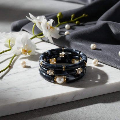 Marble Muse – Acrylic Pearl Accent Bangle Set (Free Size)