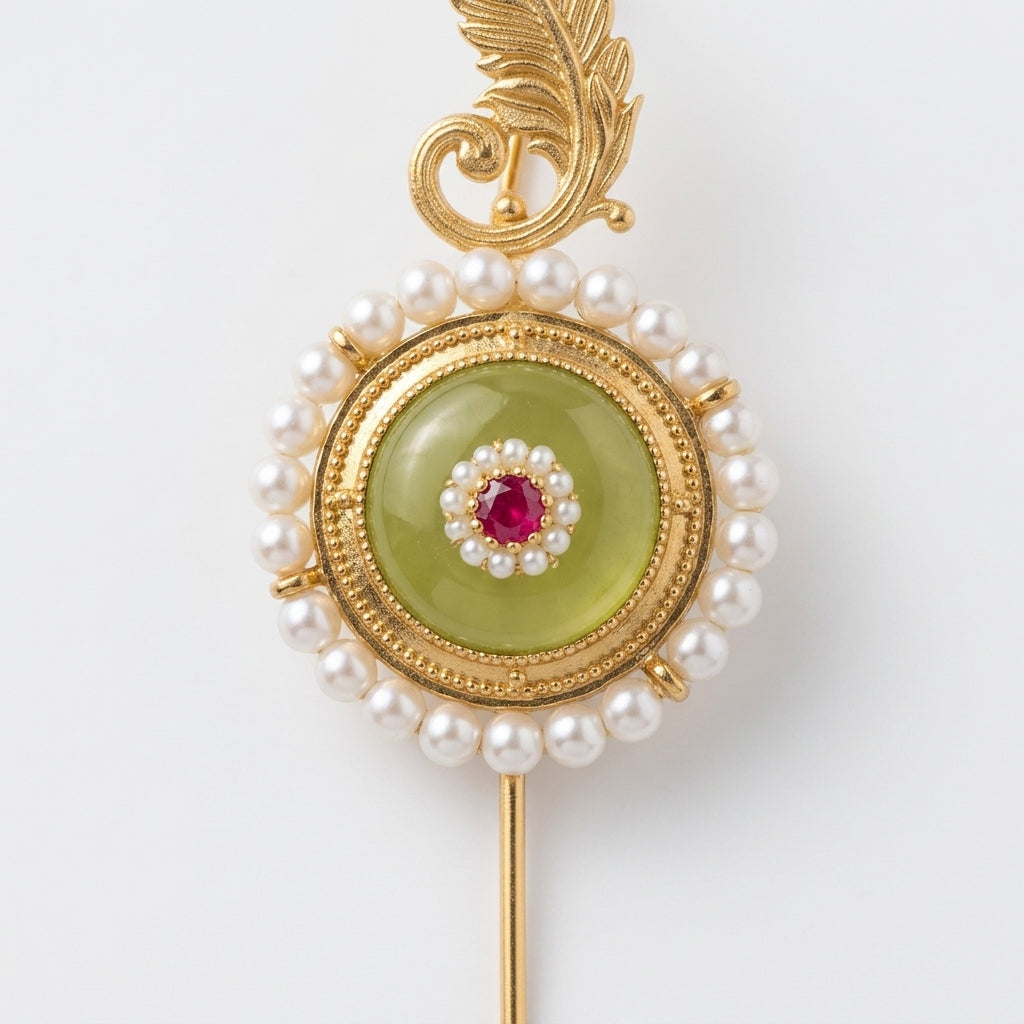 Gold Plated Needle Earcuff with Glass Stone & Pearl Detailing – Statement Brass Ear Cuff for Women