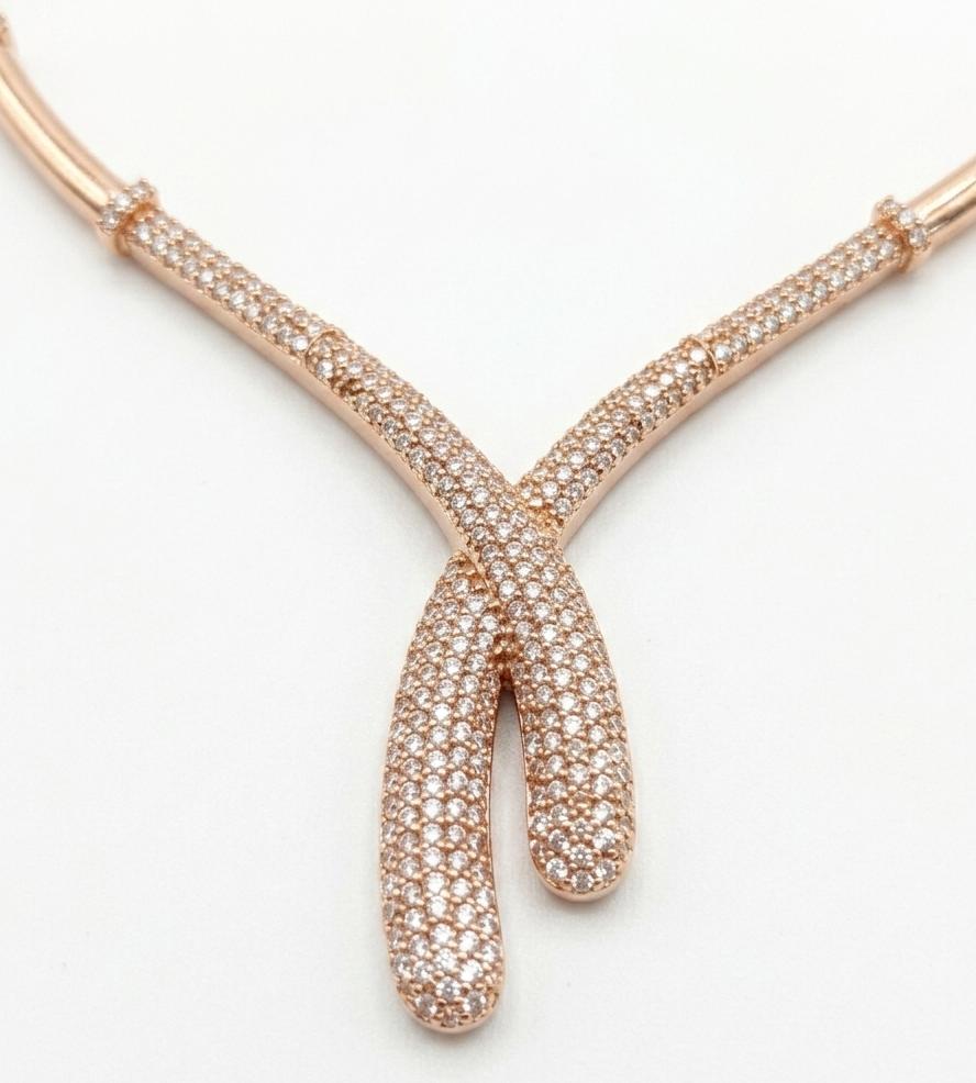 Rose Gold AAA American Diamond Lariat Y-Drop Necklace & Earrings Set | Brass Rose Gold Plated | Minimalist Bridal Jewellery