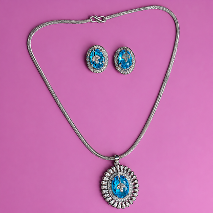 Neelambari Oval Halo Pendant Set with Matching Earrings