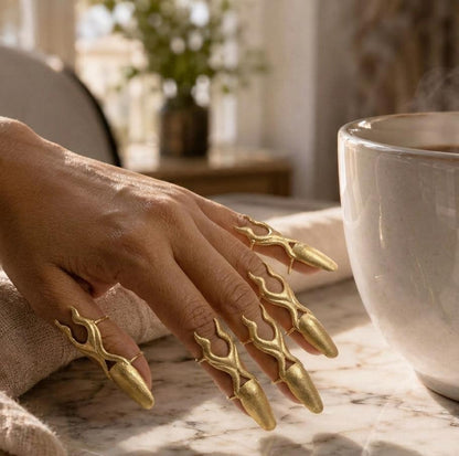 Gold Nail Armor Claw Ring | Brass Gold Plated | Boho Statement Finger Tip Ring | Adjustable