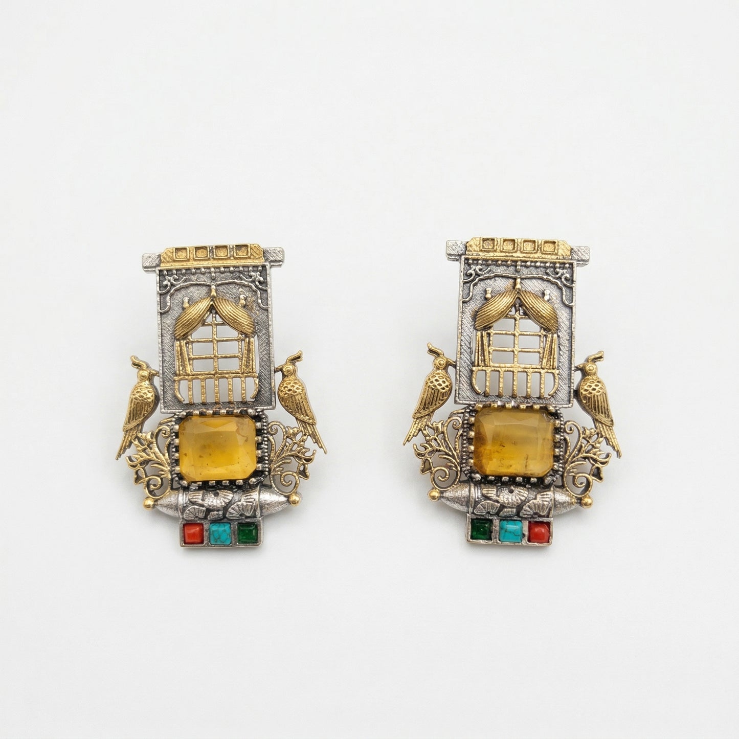 Dual Tone Gold Silver Statement Stud Earrings with Glass Stones