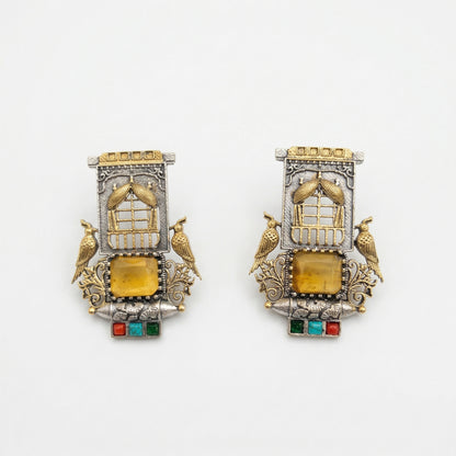 Dual Tone Gold Silver Statement Stud Earrings with Glass Stones