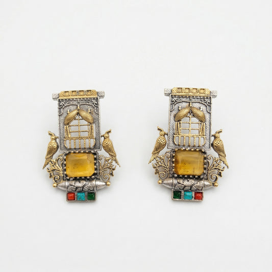 Dual Tone Gold Silver Statement Stud Earrings with Glass Stones