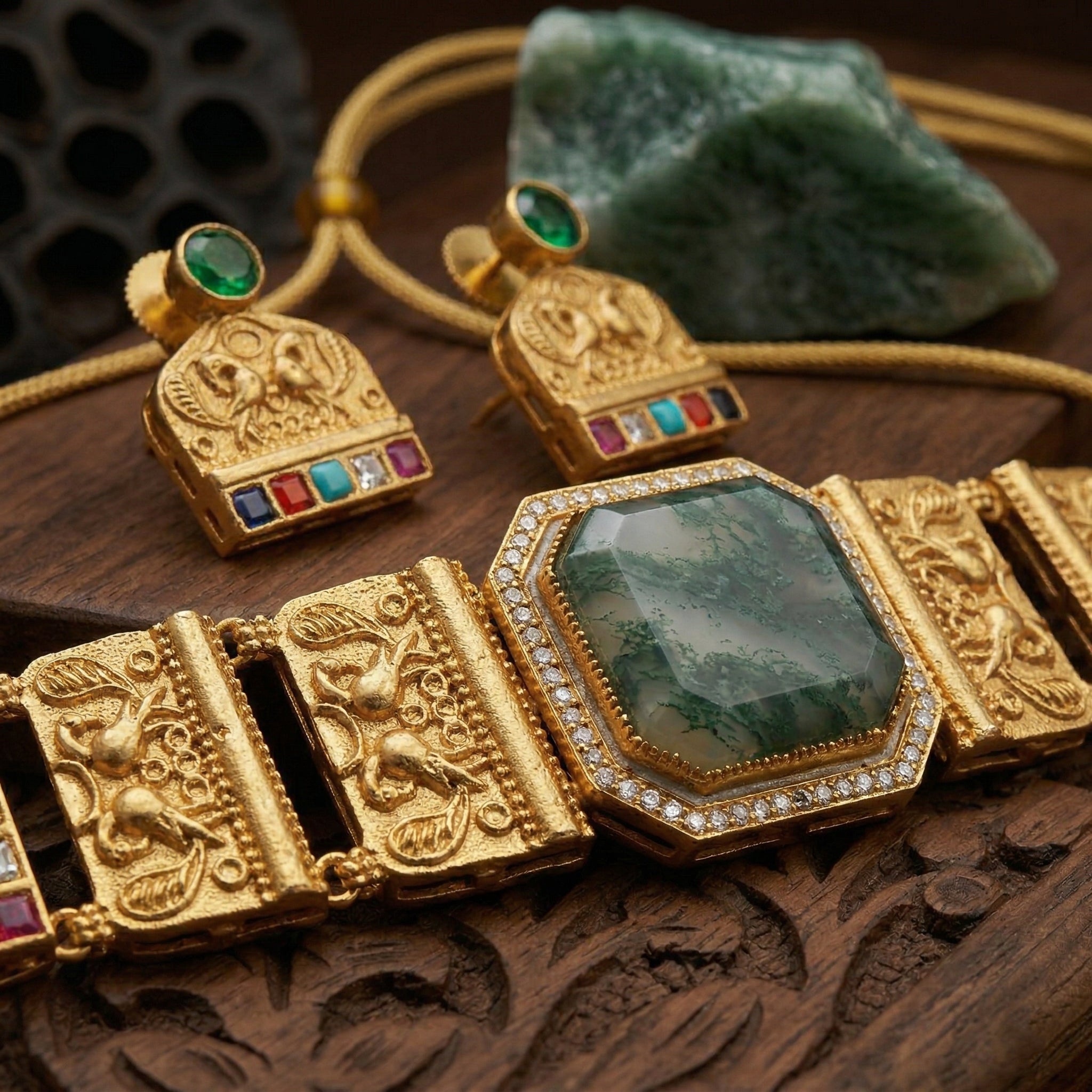 Gold Plated Brass Choker Necklace Set with Natural Russian Stone & Multicolour Semi-Precious Stones | Mughal-Inspired Heritage Jewellery Set for Women