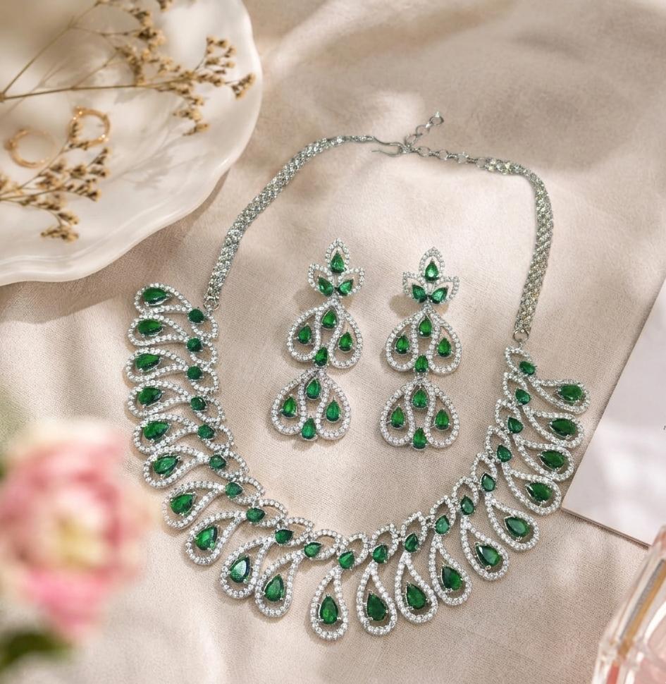 Green AAA American Diamond Statement Necklace & Earrings Set | Brass Rhodium Plated | Feather Swirl Collar | Bridal Wedding Jewellery