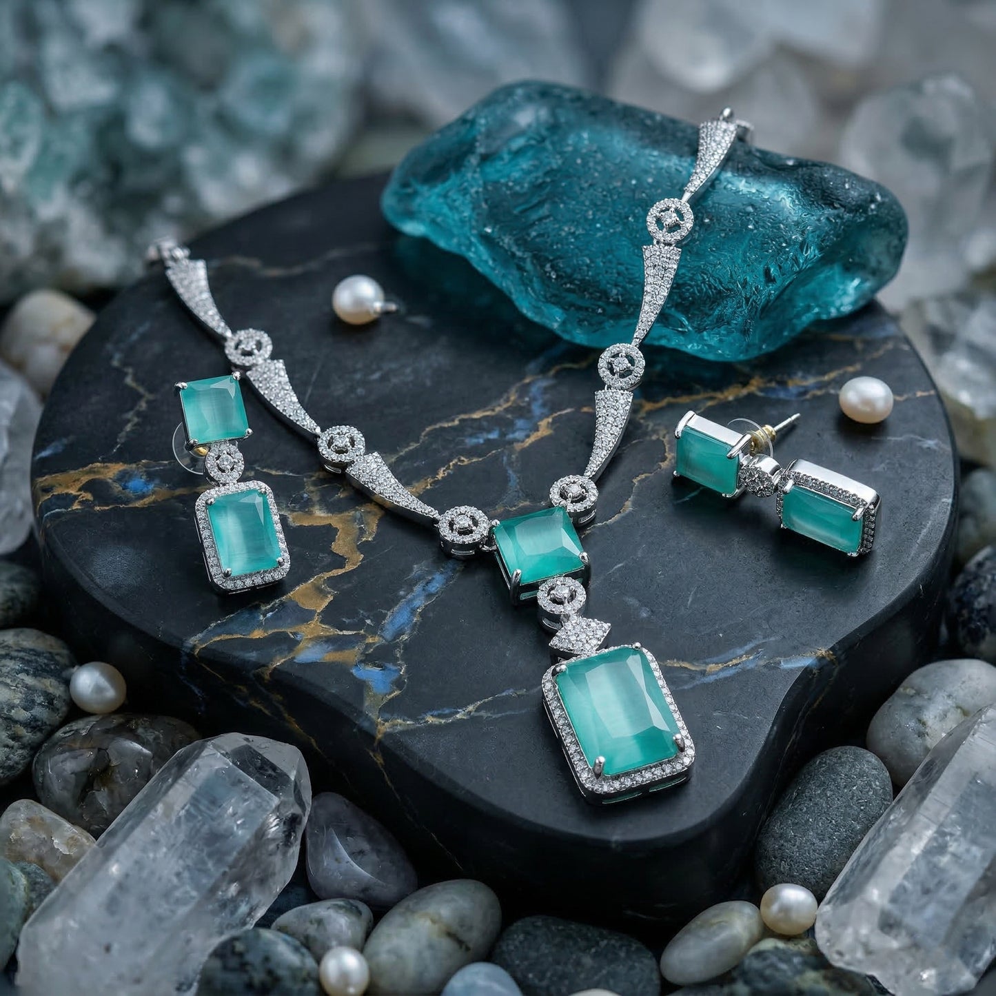 Regal Geometry American Diamond Necklace Set (Rhodium Plated)