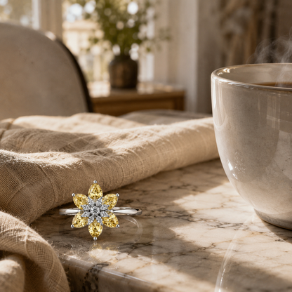 Floral AAA American Diamond Brass Statement Ring| Daisy Flower Cocktail Ring for Women