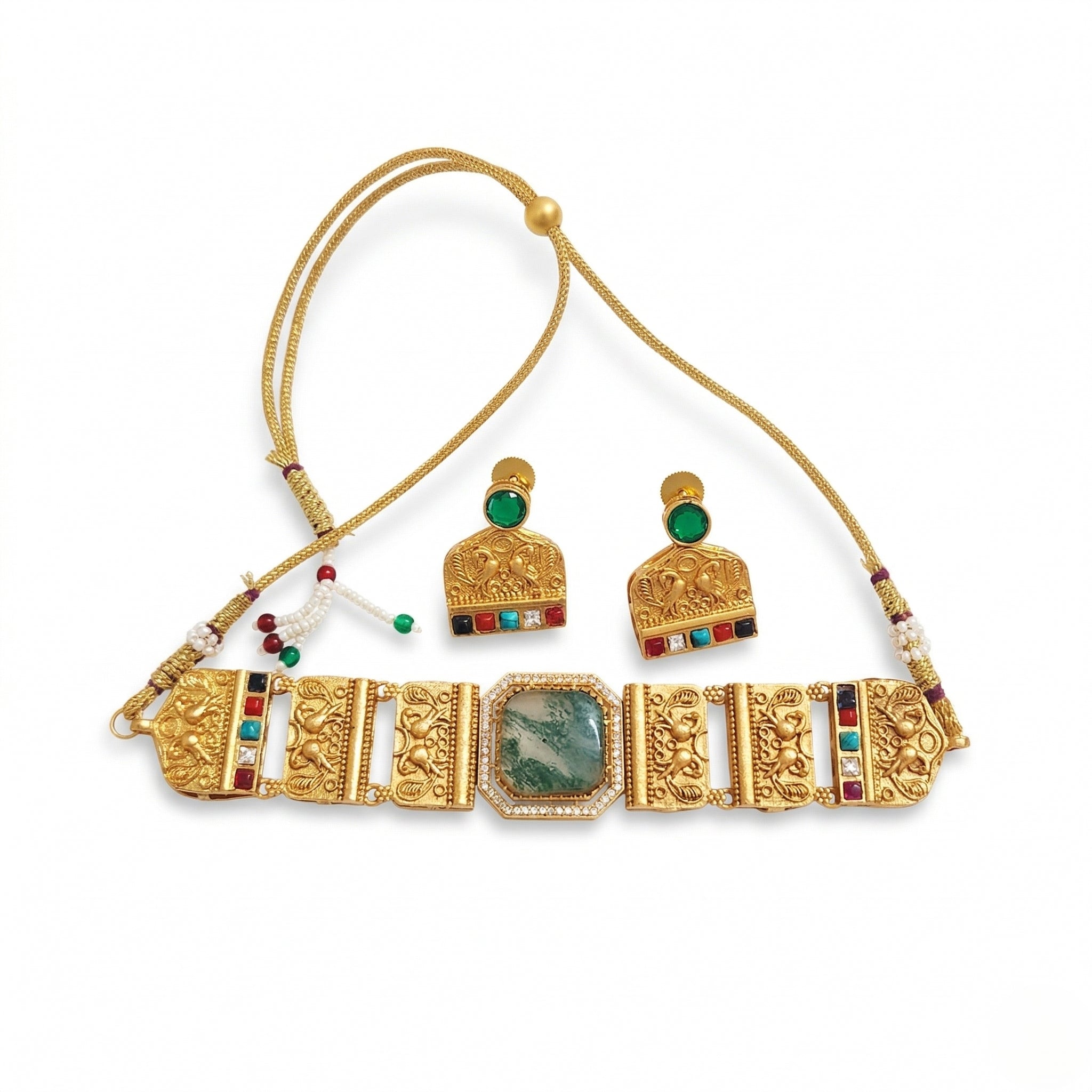 Gold Plated Brass Choker Necklace Set with Natural Russian Stone & Multicolour Semi-Precious Stones | Mughal-Inspired Heritage Jewellery Set for Women