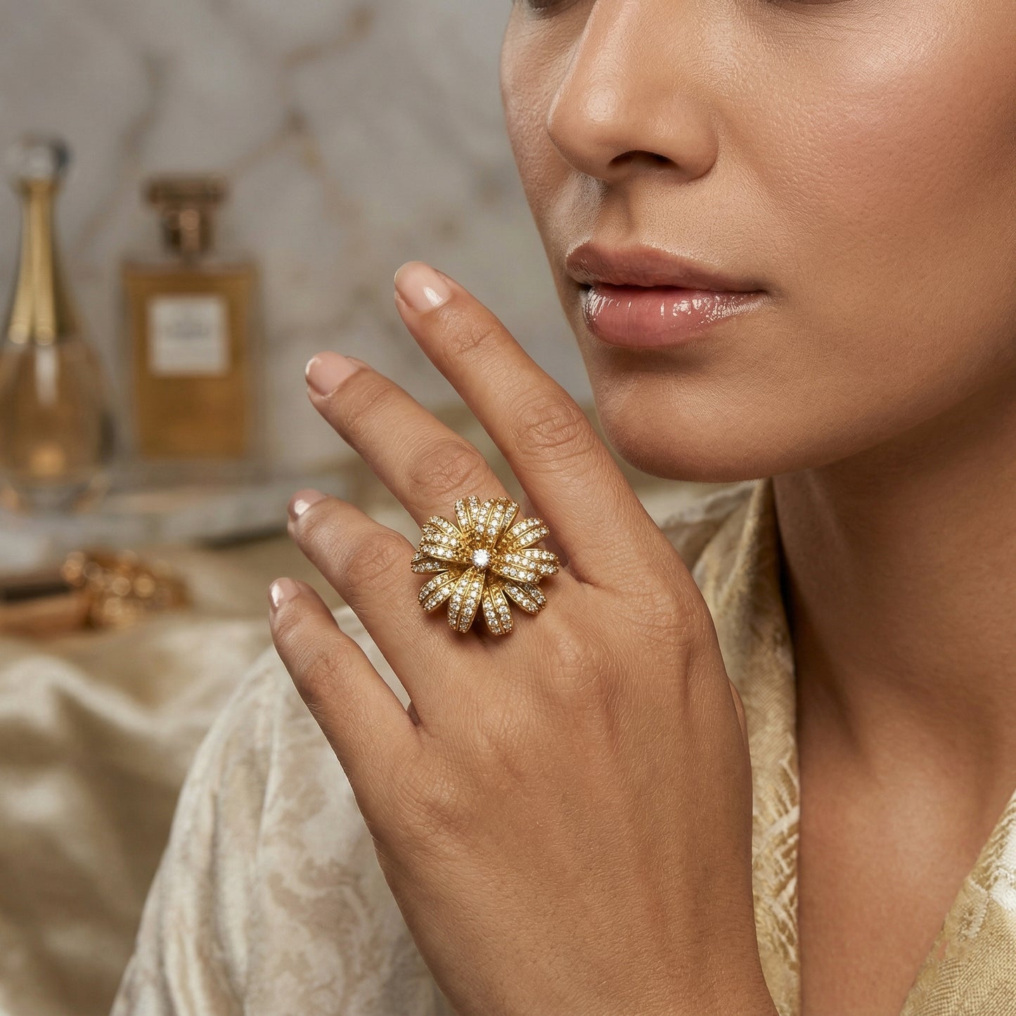 Antique Finish Gold Plated AD Cocktail Ring – Brass Statement Ring